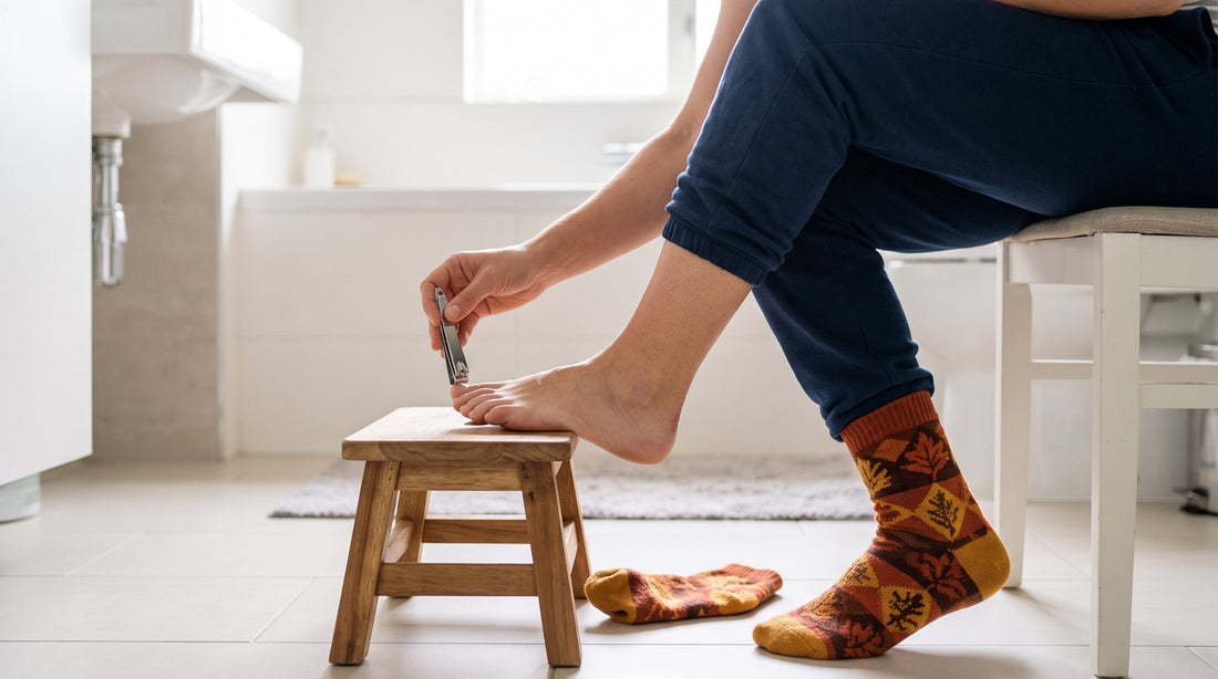 Persoon knipt teennagels recht af in een lichte badkamer, met herfstsokken in de buurt
